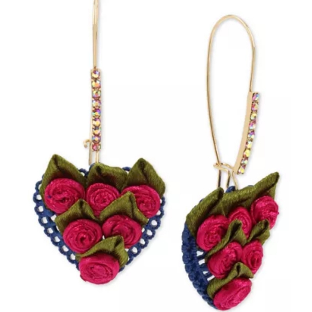 New Betsey Johnson Gold-Tone Pave Heart Earrings